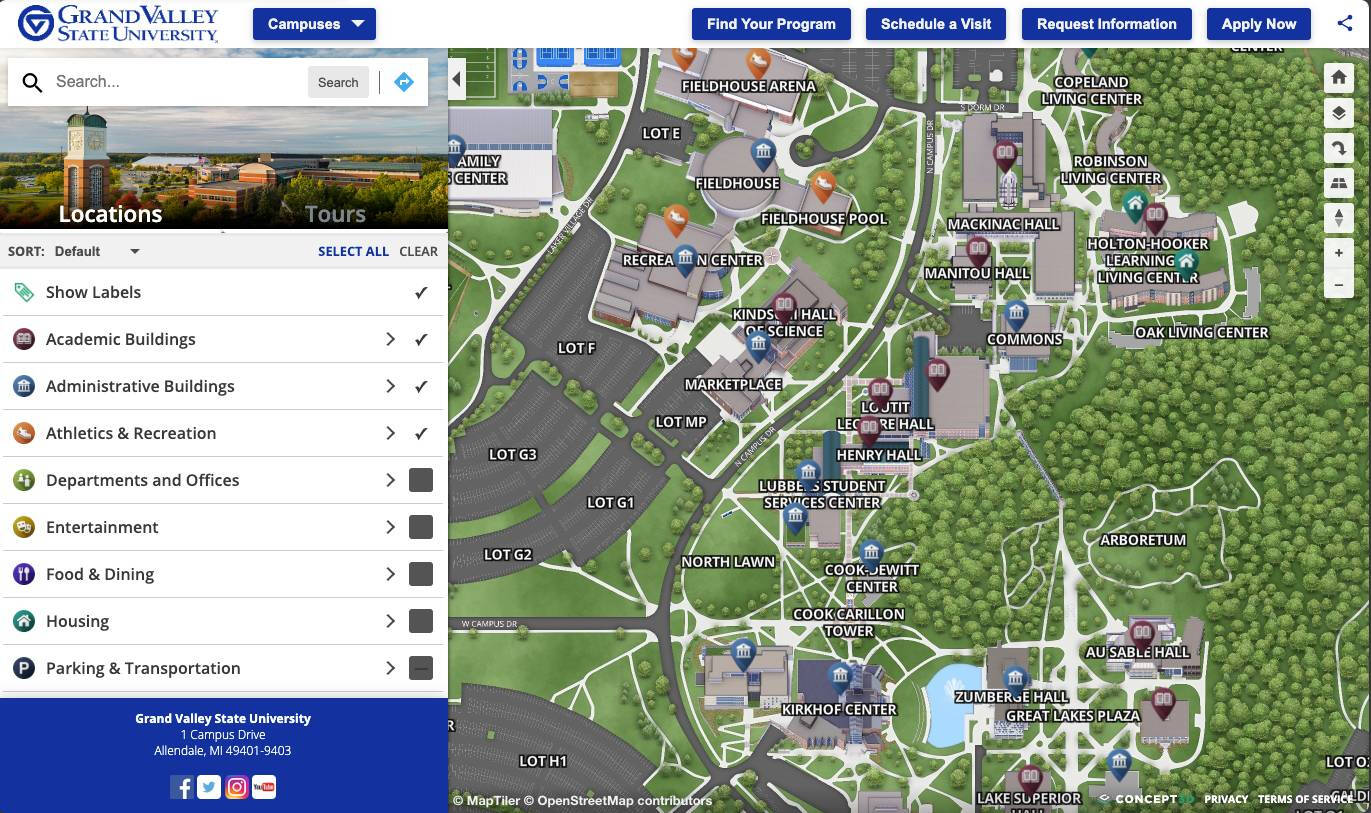 Screenshot of GVSU interactive map.
